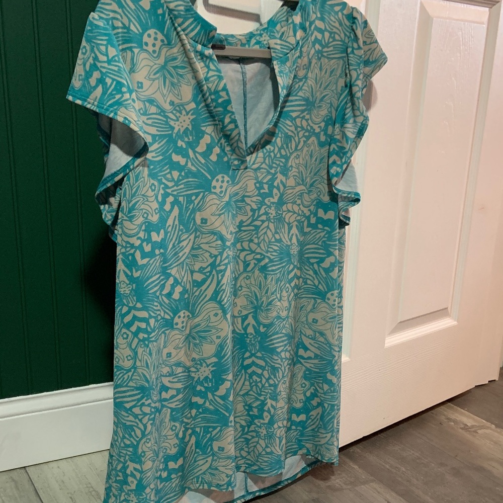 Turquoise Floral Flutter Sleeve blouse